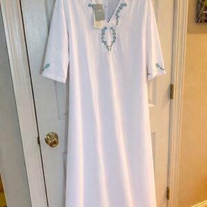 White Lines  Dress with Blue Embroidery